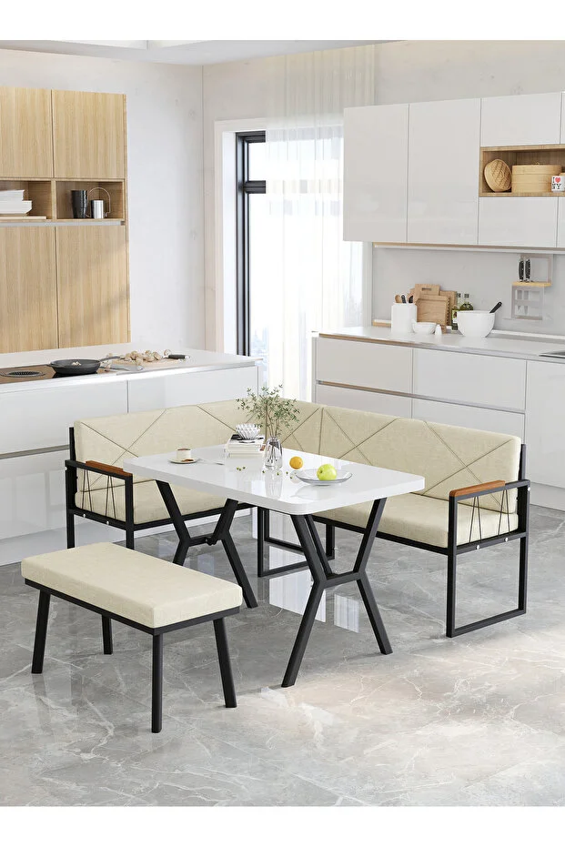 Src 70x110cm Beyaz Masalı, Köşe Takımı, Mutfak, Balkon Köşe Takımı, Mutfak Masası Takımı - Krem